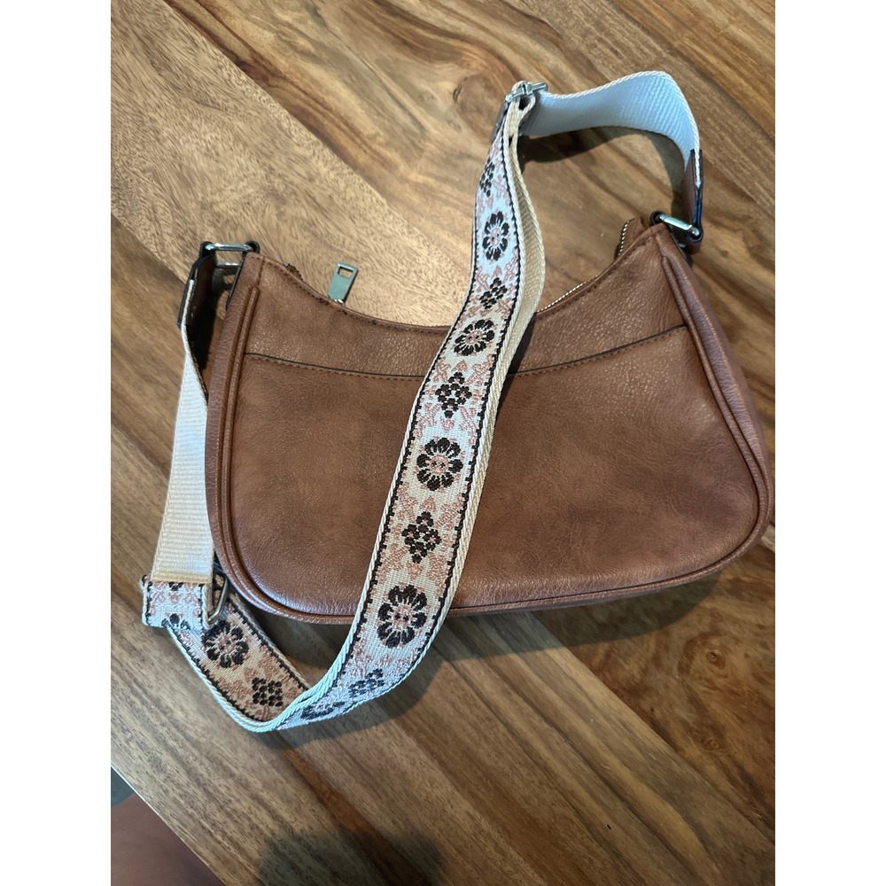 Cognac Brown Faux Leather Crossbody Bag Floral Guitar Strap Boho Shoulder Purse